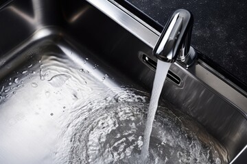 Top view of tap water pouring into a steel kitchen sink. - obrazy, fototapety, plakaty