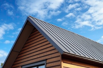The roof of the house made of metal profile against the sky.