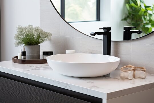 Modern bathroom with an elegant sink on a bright countertop.