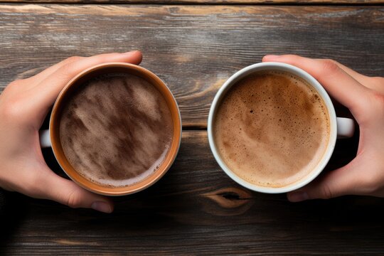 Bird's-eye view photo of couple's hands holding hot drink cups on wooden table.