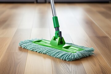 Using a green mop to clean the living room floor. - obrazy, fototapety, plakaty