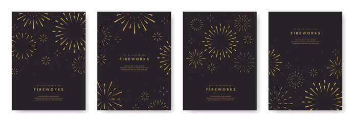 Firework background in night. Happy new year poster set. Congratulation banner, Festival symbol. Holiday celebration design. Modern element template. Minimal simple style. Flat vector illustration. - 697085546