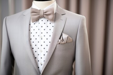 Close-up of gray suit with polka dot bow and handkerchief accent.