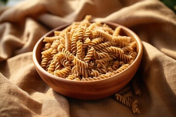 Close up of uncooked Flaxseed gluten free Fusilli a fiber iron B vitamins and Omega 3 rich pasta made from flax and corn flour with a low glycemic index