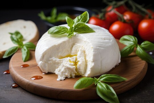 Close up of a fresh burrata cheese ball from Italy s Apulia region