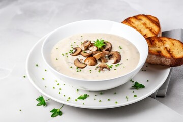 Obraz na płótnie Canvas Creamy mushroom soup with champignon mushrooms, cream, and croutons on a marble background.