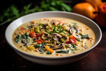 Creamy Italian soup with tortellini, wild rice, and veggies.