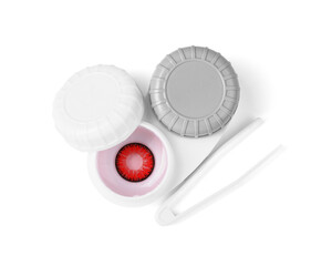 Case with red contact lenses and tweezers isolated on white, top view