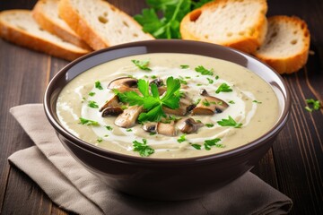Healthy, hot meal featuring creamy porcini mushroom soup and bread.