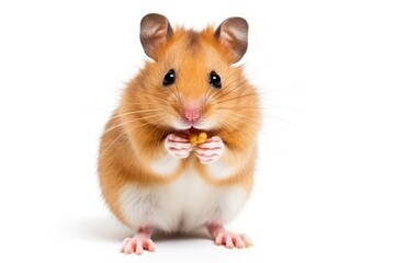 Adult brown hamster sitting, eating flourworm on hind paws.