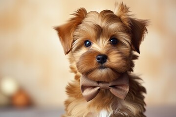 Congrats for the adorable indoor studio shot of a brown puppy wearing a bow tie, perfect for family, loved ones, and colleagues.