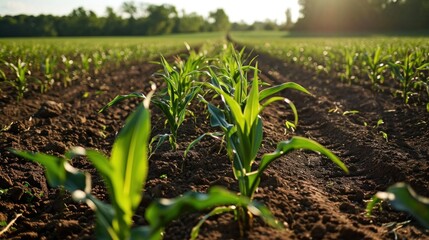 Vibrant Summer Cornfield: Agricultural Rows in Nature's Tapestry of Greenery, Organic Growth & Countryside Landscape Beauty. Generative AI