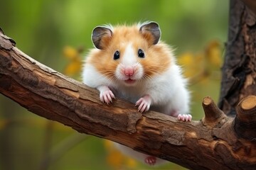 Amusing Syrian hamster on a twig.