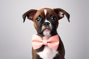 Stylish puppy with a bow tie, emphasizing beauty and fashion. Studio photo with isolated background, highlighting pet care.