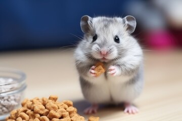 Tiny gray hamster. Adorable, eating.