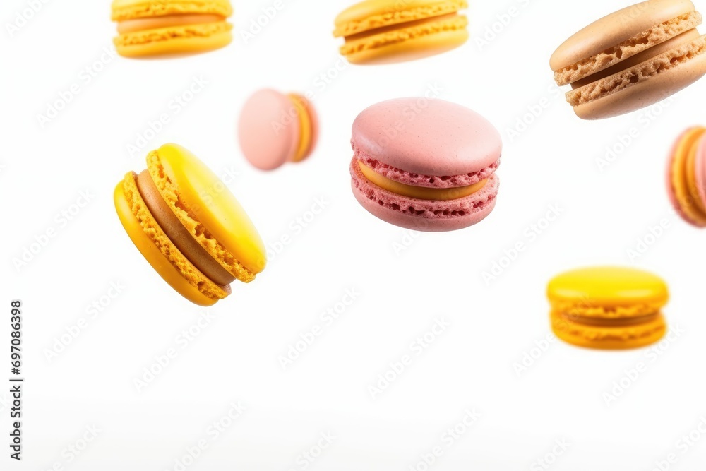 Wall mural five macaron cookies levitating against white background vibrant french macaroon cakes