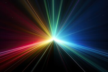 Rainbow light patterns overlay on dark background.