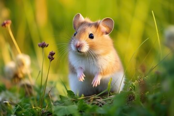 Endangered European hamster in a grassy cemetery, with a green backdrop.