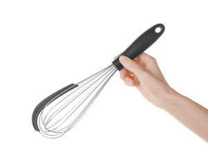 Woman holding metal whisk on white background, closeup