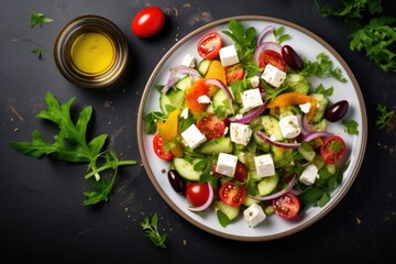 Greek salad on light blue plate with feta, fresh vegetables, and olive oil and herb seasoning.