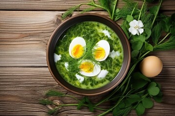 Top-down view of green sorrel and spinach soup with boiled egg and sour cream on rustic white table. - Powered by Adobe