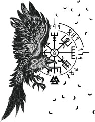 Viking Raven And Vegvisir Vector Illustration 