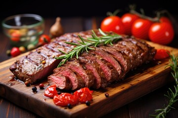 Beef cooked with tomato on a grill.