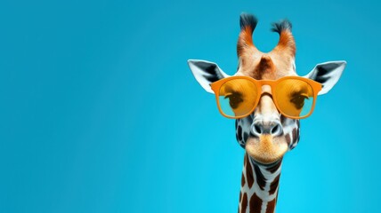 Funny giraffe with sunglasses cartoon style on bright blue background with lots of copy space on the right side created with Generative AI