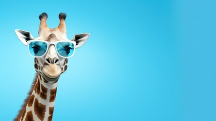 Funny giraffe with sunglasses cartoon style on bright blue background with lots of copy space on the right side created with Generative AI