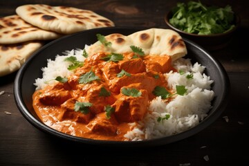 Fototapeta na wymiar Indian Butter Chicken homemade style served with rice and naan bread