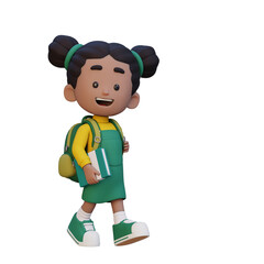 3D happy girl character walking go to school holding book