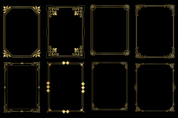 Decorative art deco frames in gold color. Line art decorative borders. Vintage frames for wedding, decoration, antique design, borders and deco divider. Vector illustration