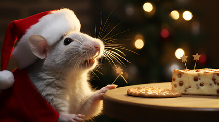 An adorable mouse, dressed in a Santa Claus outfit complete with a red hat and matching top, gazes at a table set with cheese and crackers.