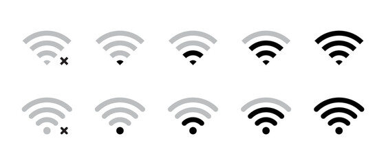 Wifi signal strength icon set in flat style. Wireless connection network symbol vector - obrazy, fototapety, plakaty