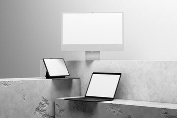 Tablet and computer mockup with minimalist wall background and empty screen 
