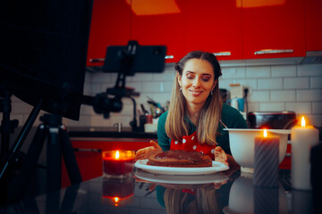 Food Vlogger Presenting and Filming a Chocolate Cake Recipe. Cheerful content creator making a...