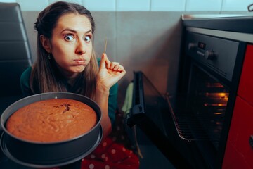 Woman Cooking Using a Toothpick Checking on her Baked Cake. Experienced cook trying to see if the dish is ready 

