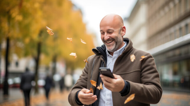Senior man smiling confident using smartphone at autumn street
