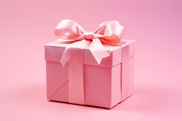 pink gift box with ribbon on the pink background. Valentine card. Present box for woman