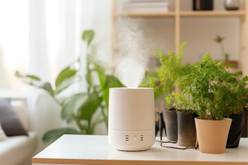 air humidifier works in modern living room with plants.  still life with plants