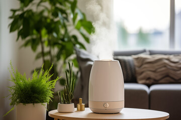 air humidifier works in modern living room with plants.  still life with plants - obrazy, fototapety, plakaty