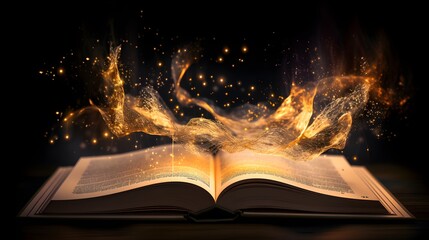 An open magic book with glowing pages