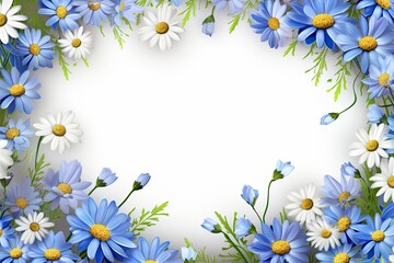 Frame with blue cornflower flowers and white daisies