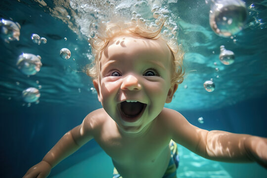 A happy child swims and dives underwater. He learns to swim from an early age. having fun in the pool underwater. Active healthy lifestyle, water sports and swimming lessons during the summer holidays