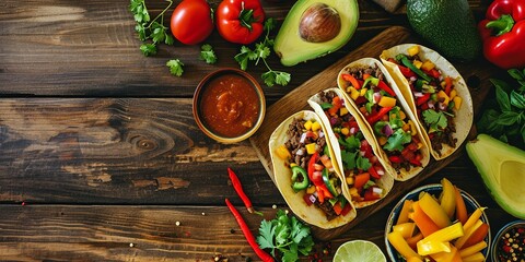 Mexican Cuisine Delight with Tacos, Avocados, and Peppers - obrazy, fototapety, plakaty