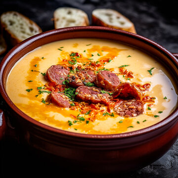 chorizo soup served on a porcelain plate in a gourmet restaurant