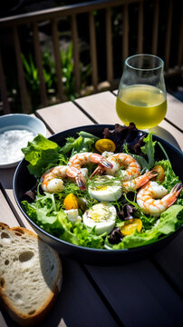 salad with shrimp and eggs served on a porcelain plate in a gourmet restaurant