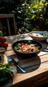 salad with shrimp and eggs served on a porcelain plate in a gourmet restaurant