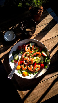 salad with shrimp and eggs served on a porcelain plate in a gourmet restaurant