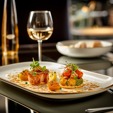 menu 3 &eacute;toiles avec son verre de vin blanc dans un restaurant gastronomique